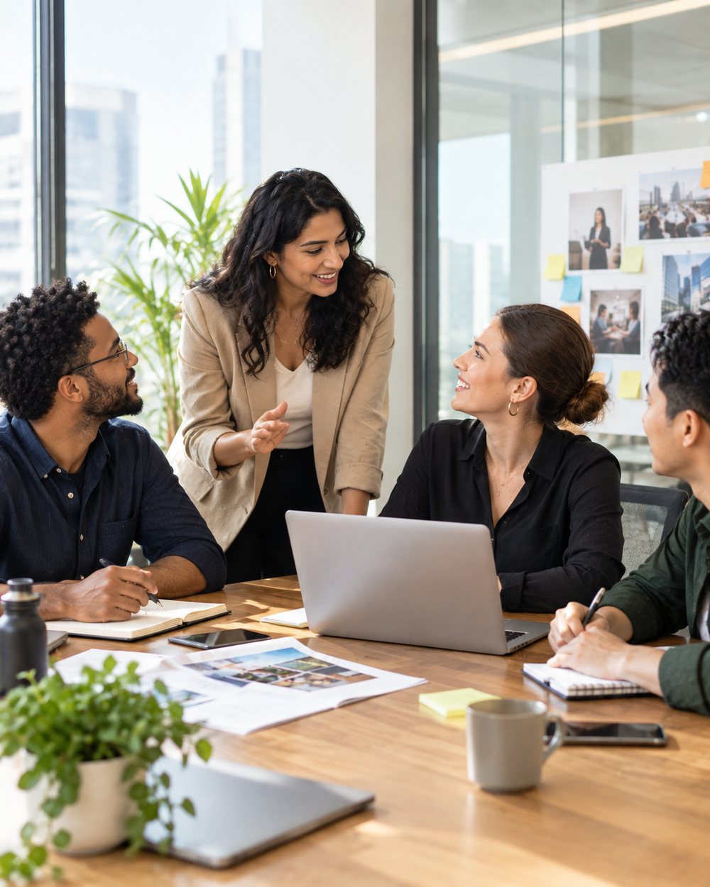 A corporate communications leader briefing colleagues