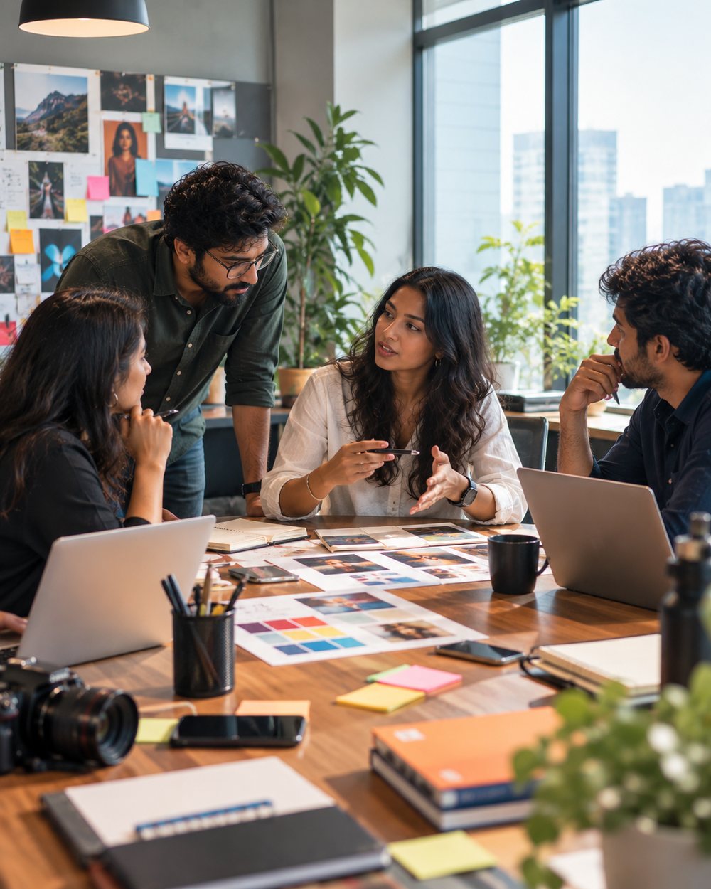A communications team working together